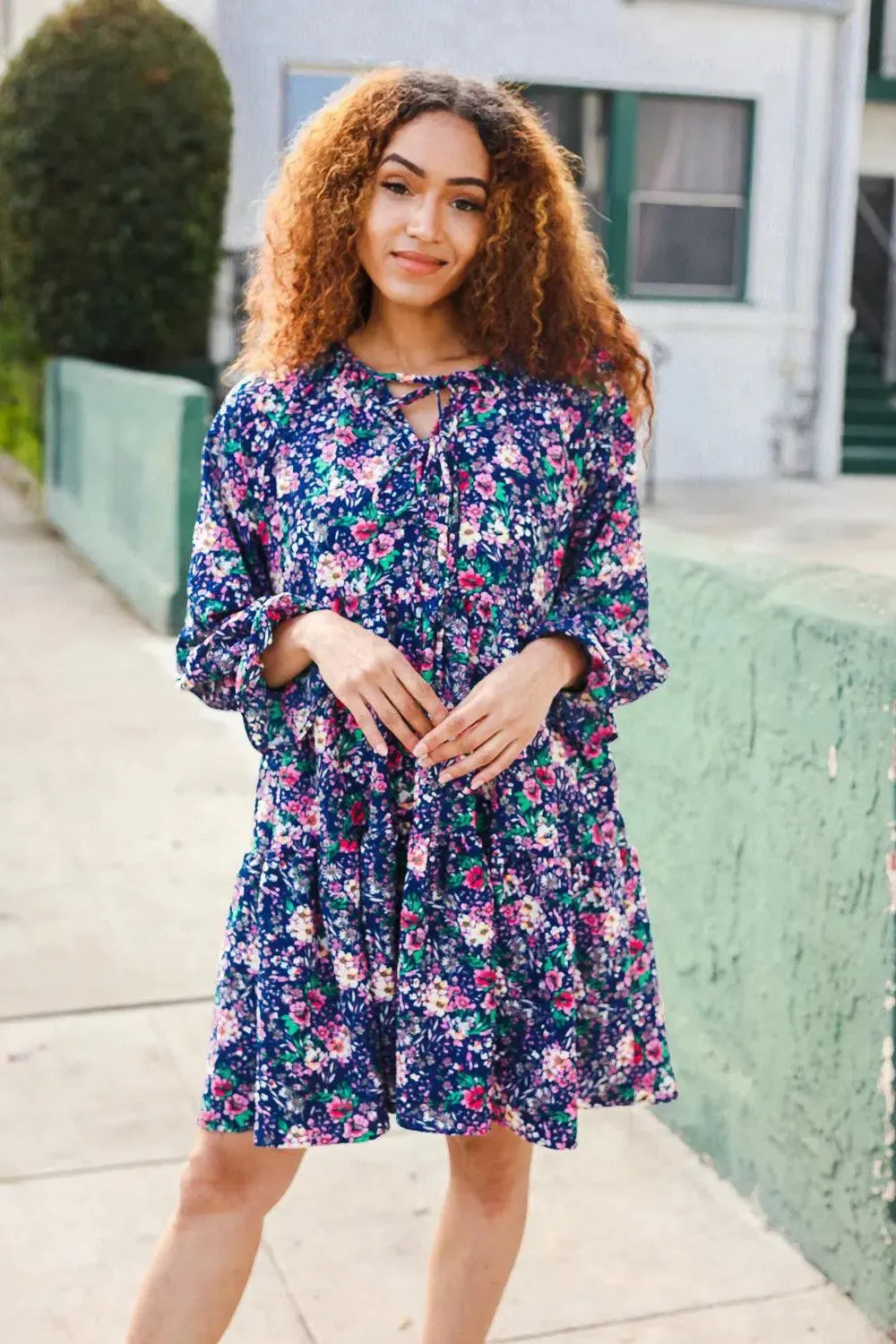 Feeling Joyful Navy Floral Bow Tie Babydoll Long Ruffle Sleeve Dress-Evelyns Fashion