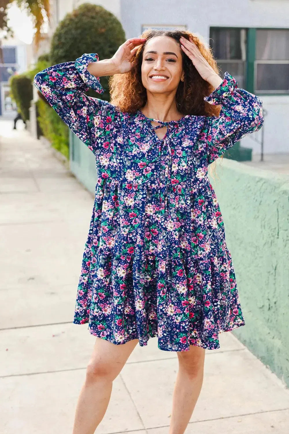 Feeling Joyful Navy Floral Bow Tie Babydoll Long Ruffle Sleeve Dress-Evelyns Fashion