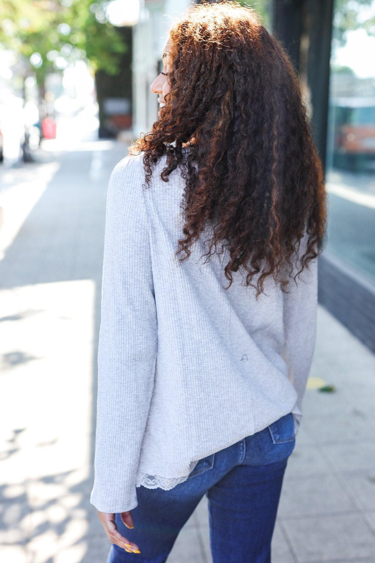 Feels Like Love Grey Lace Trim Rib Long Sleeve Top-Evelyns Fashion