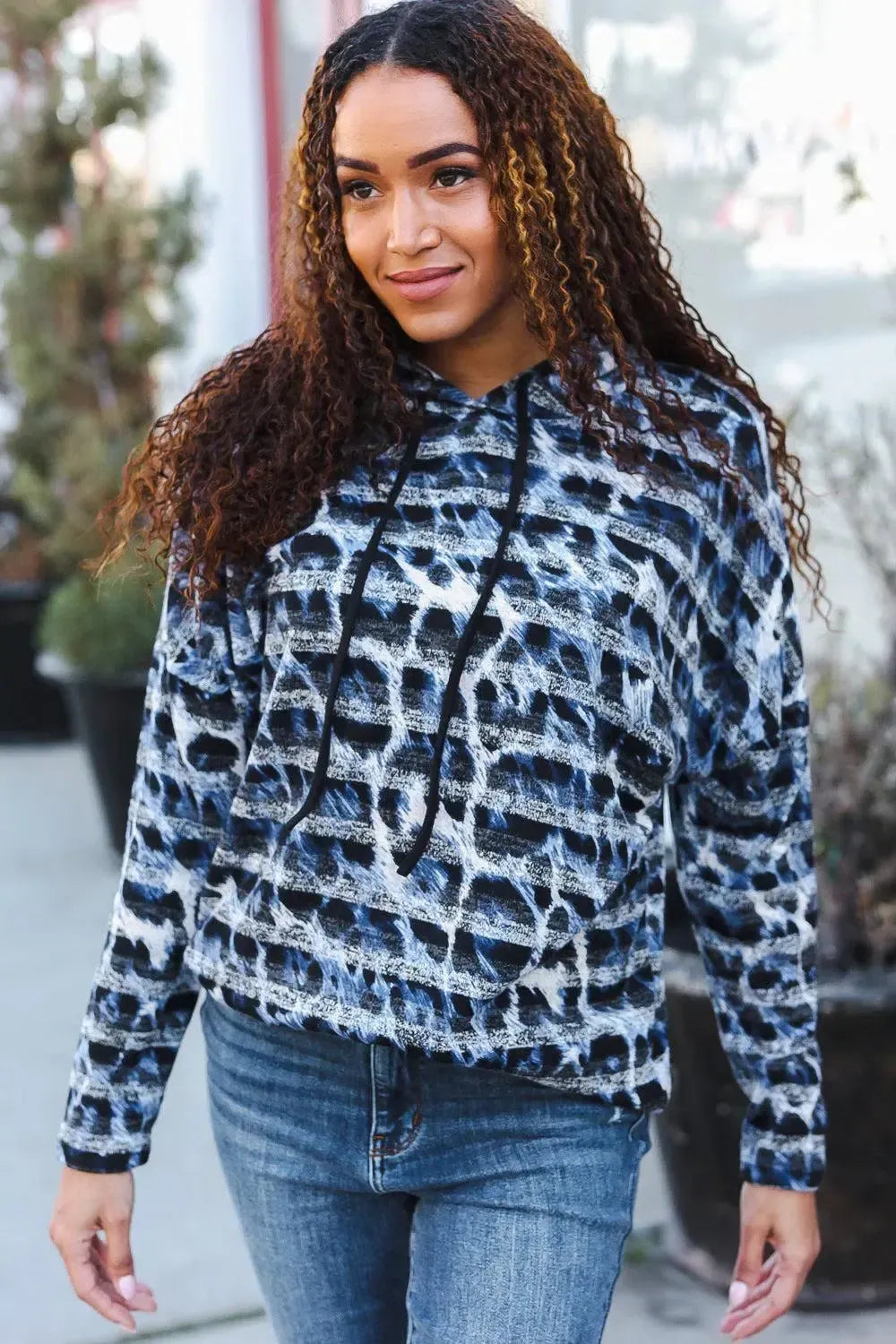 Fierce & Cozy: Blue & Black Stripe Animal Print Hoodie-Evelyns Fashion