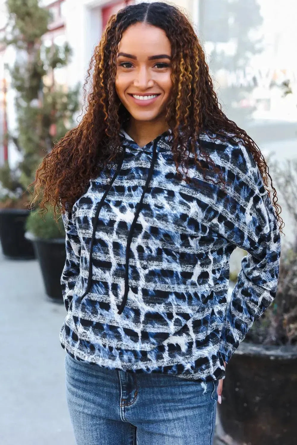 Fierce & Cozy: Blue & Black Stripe Animal Print Hoodie-Evelyns Fashion