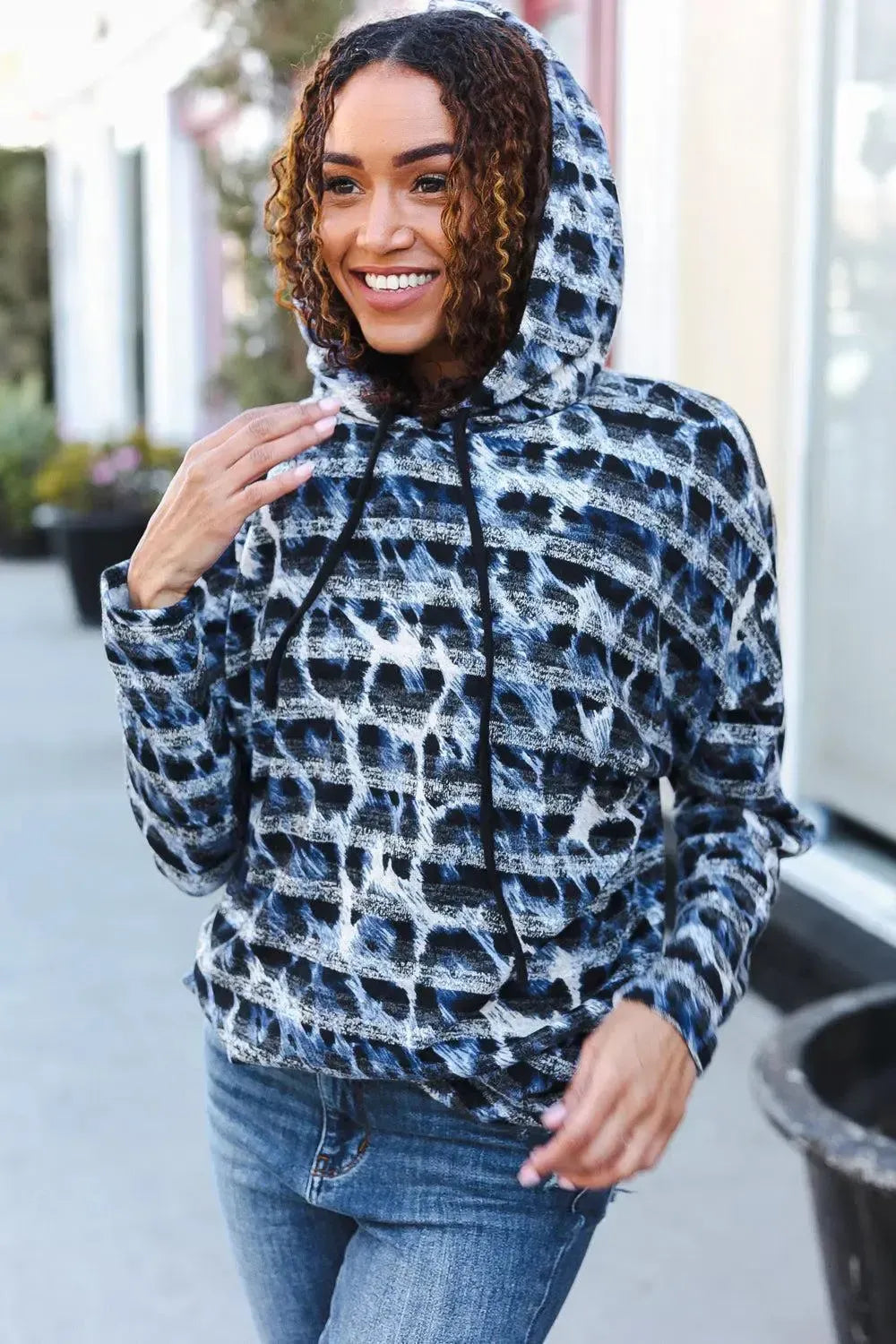 Fierce & Cozy: Blue & Black Stripe Animal Print Hoodie-Evelyns Fashion