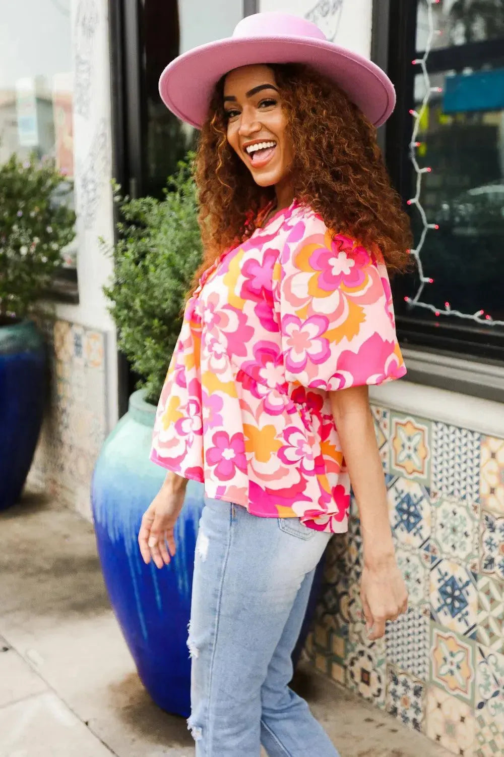 Find Love Pink/Yellow Floral Frill Balloon Short Sleeve Top-Evelyns Fashion