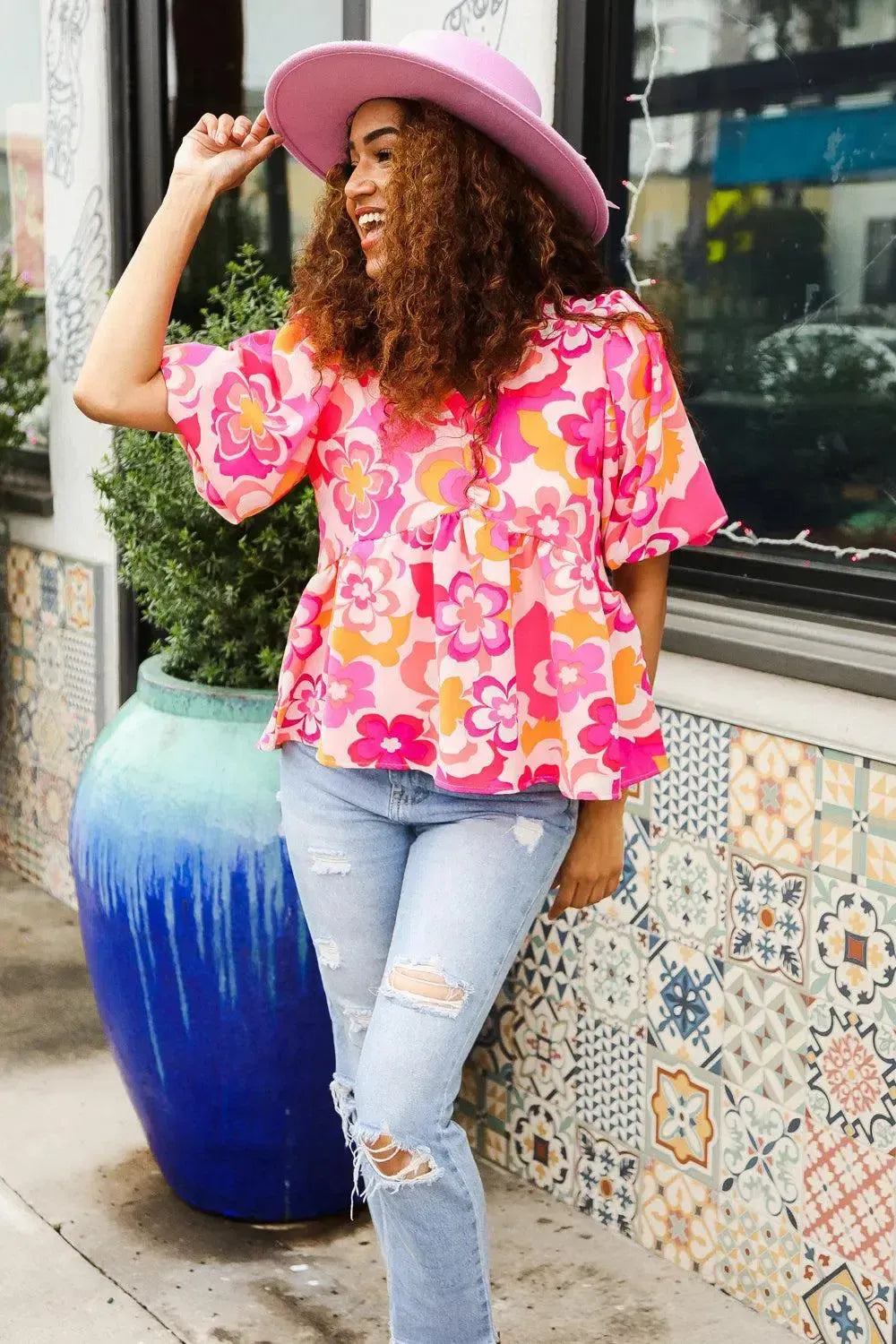 Find Love Pink/Yellow Floral Frill Balloon Short Sleeve Top-Evelyns Fashion