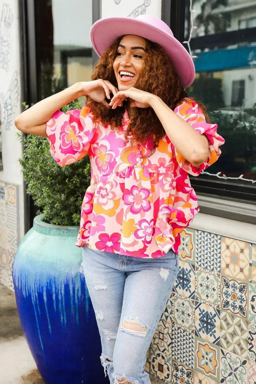 Find Love Pink/Yellow Floral Frill Balloon Short Sleeve Top-Evelyns Fashion