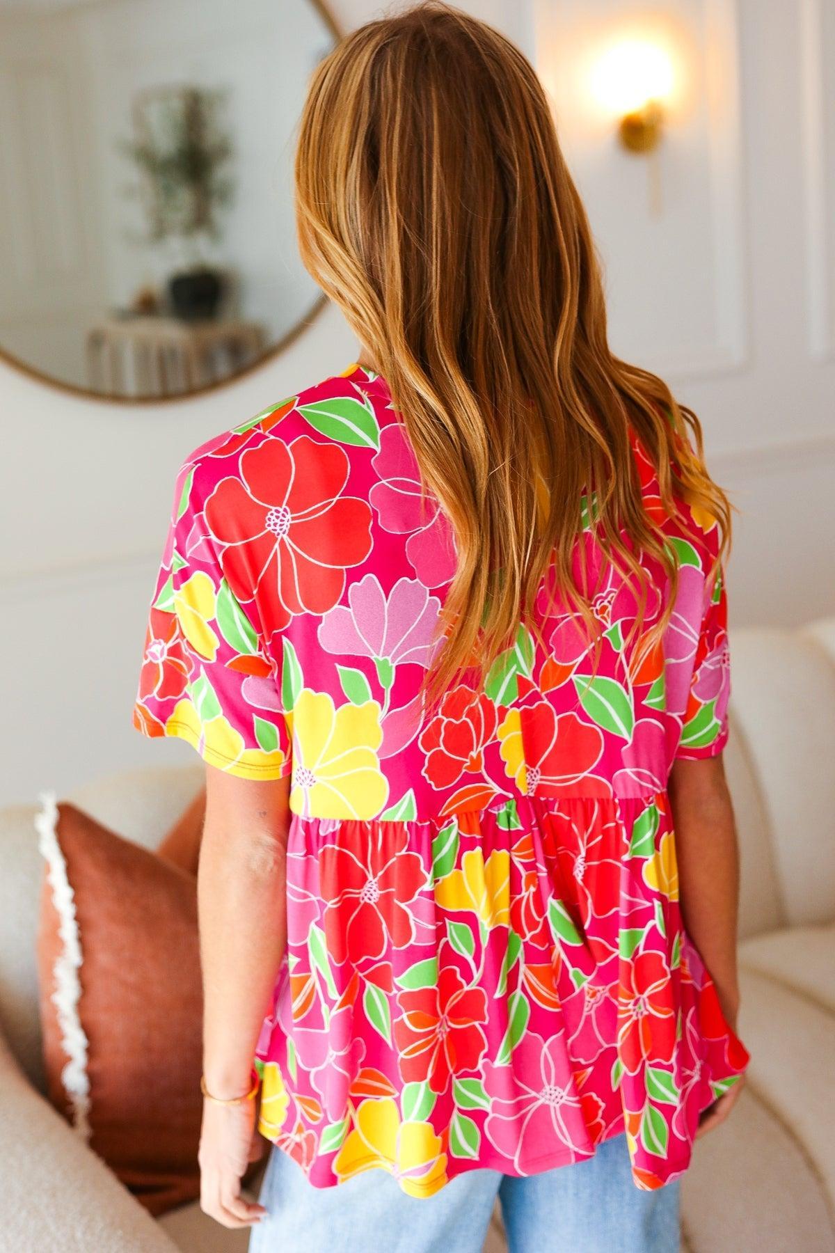 Floral Drop Shoulder Babydoll Top-Blouses-Evelyns Fashion