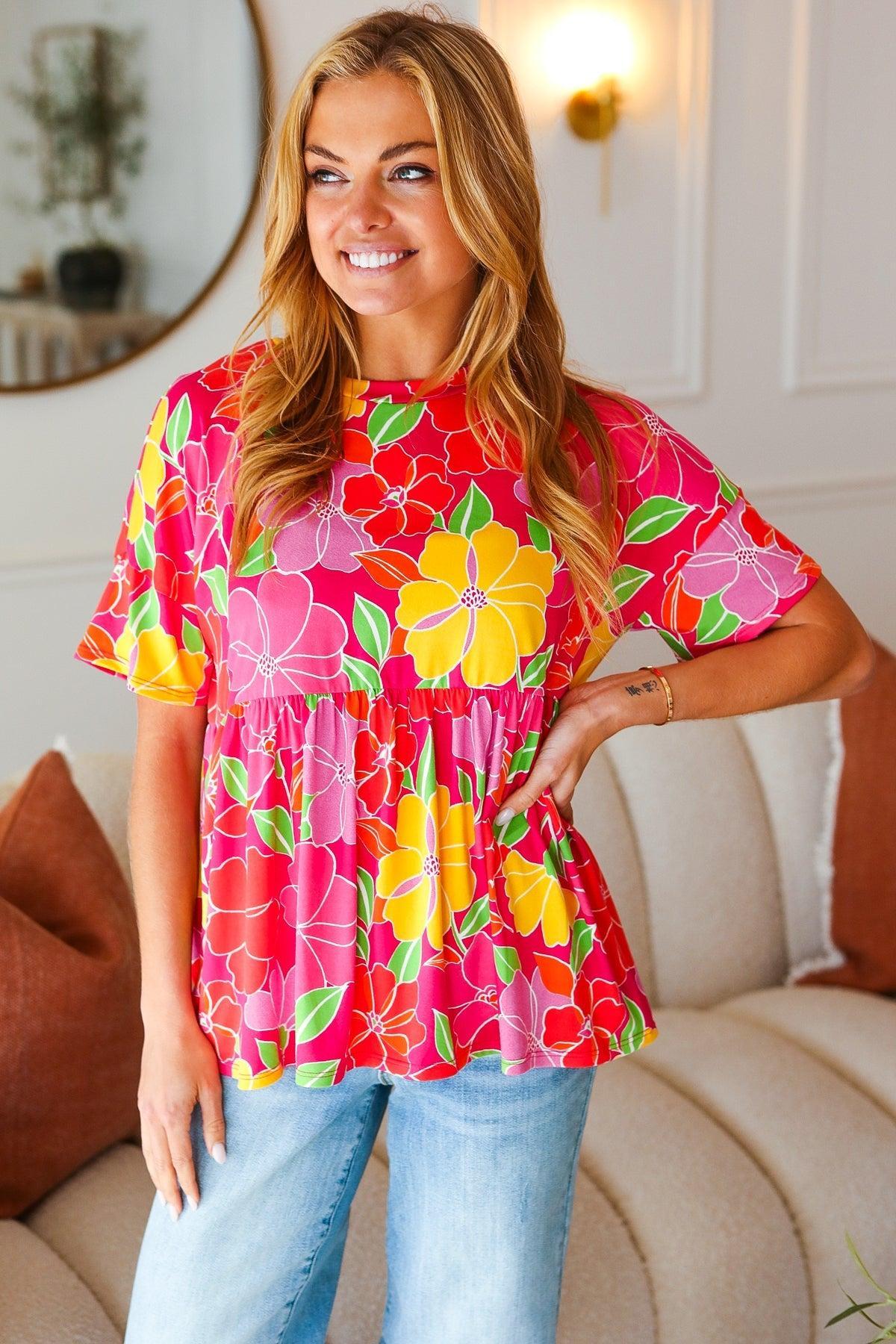 Floral Drop Shoulder Babydoll Top-Blouses-Evelyns Fashion