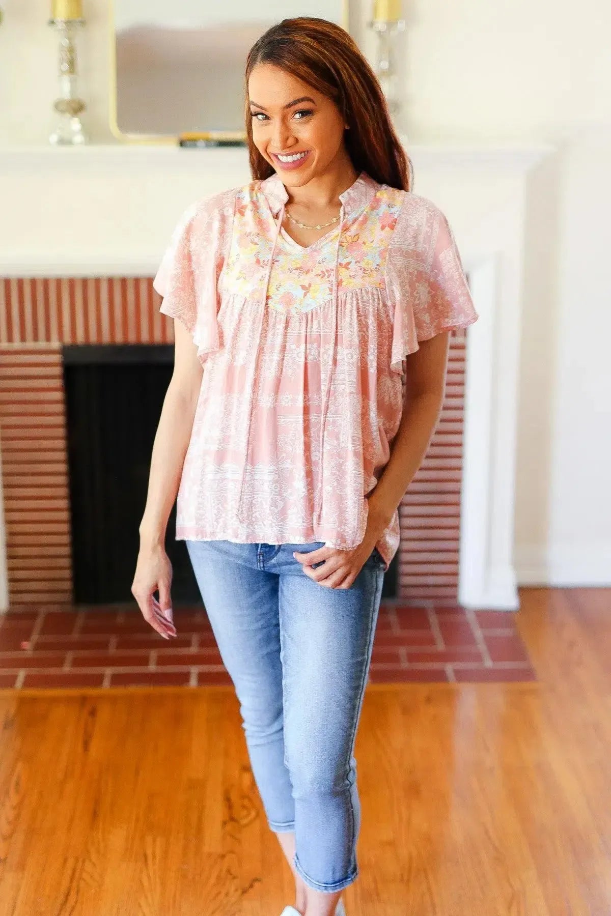 Floral Yoke Tie Neck Top-Evelyns Fashion