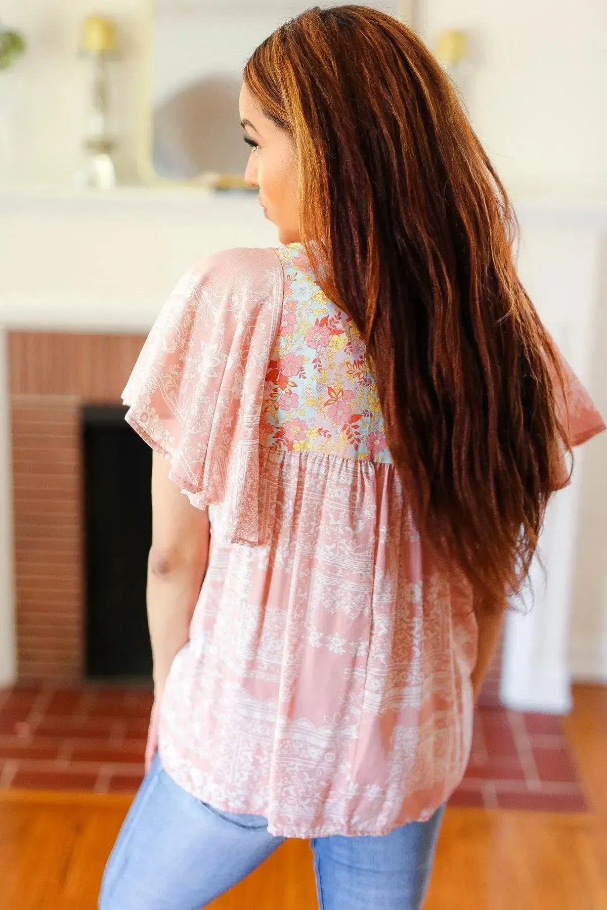 Floral Yoke Tie Neck Top-Evelyns Fashion