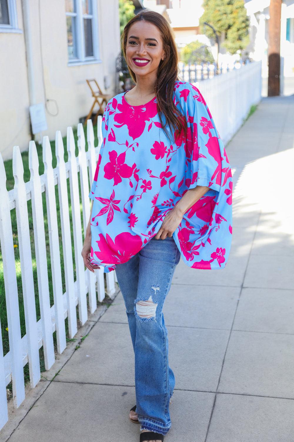 Follow Me Fuchsia Floral Asymmetrical Coverup Blouse-Evelyns Fashion