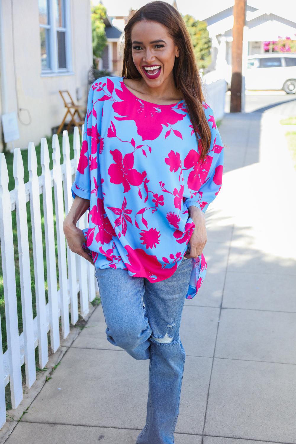Follow Me Fuchsia Floral Asymmetrical Coverup Blouse-Evelyns Fashion