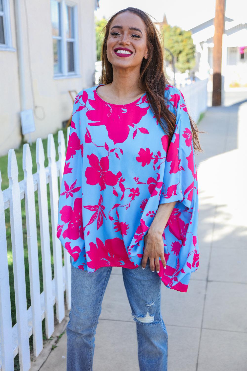 Follow Me Fuchsia Floral Asymmetrical Coverup Blouse-Evelyns Fashion
