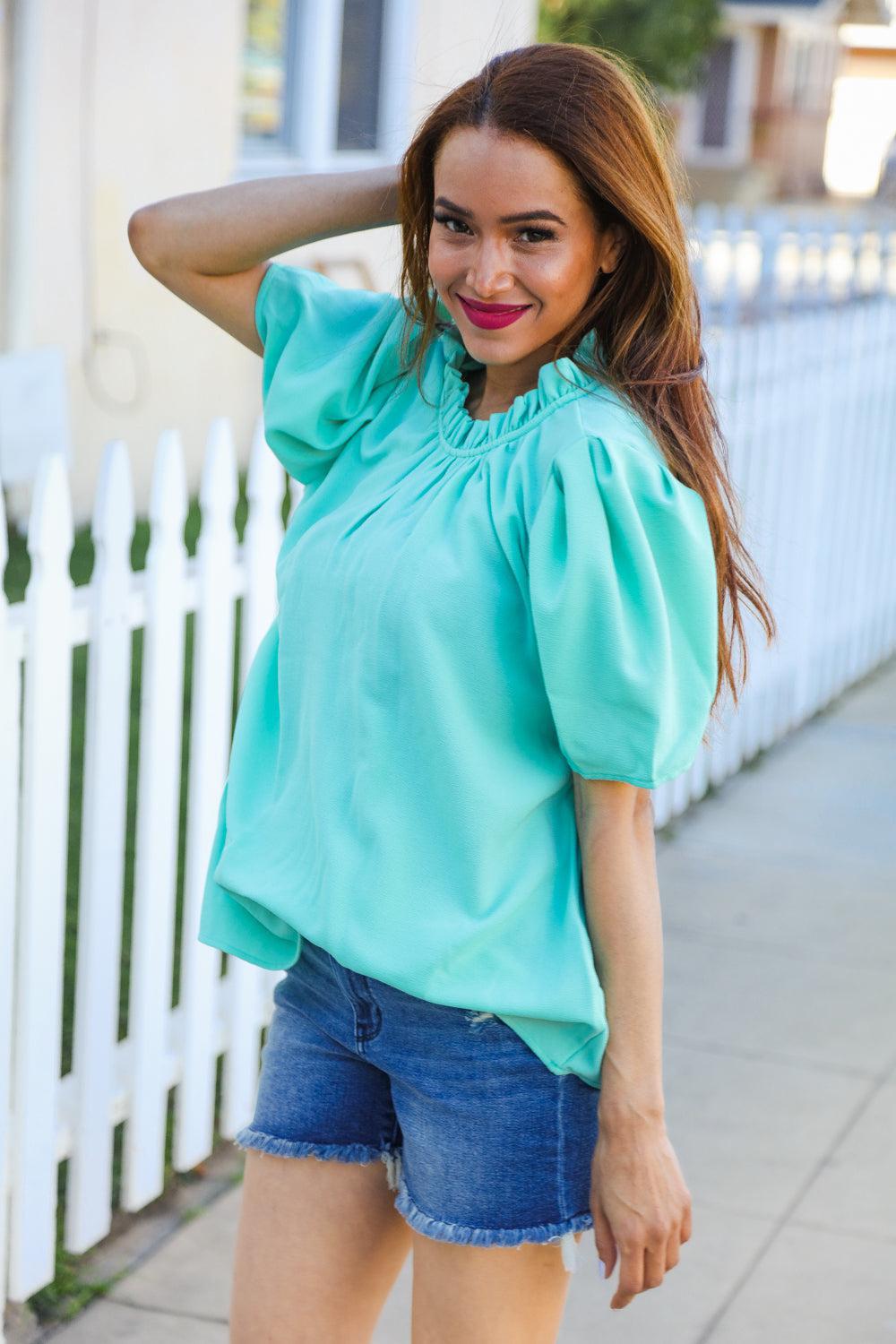 Follow Me Mint Frill Mock Neck Woven Top-Evelyns Fashion