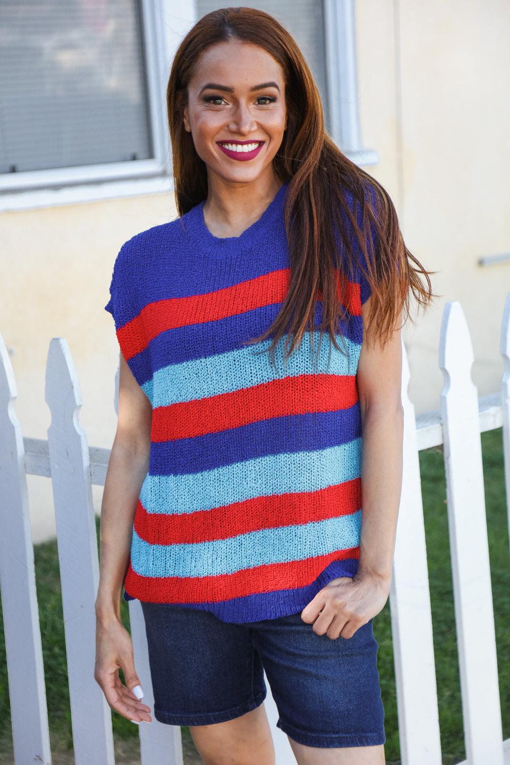 Forget Me Not Royal Blue Stripe Short Sleeve Dolman Sweater-Evelyns Fashion