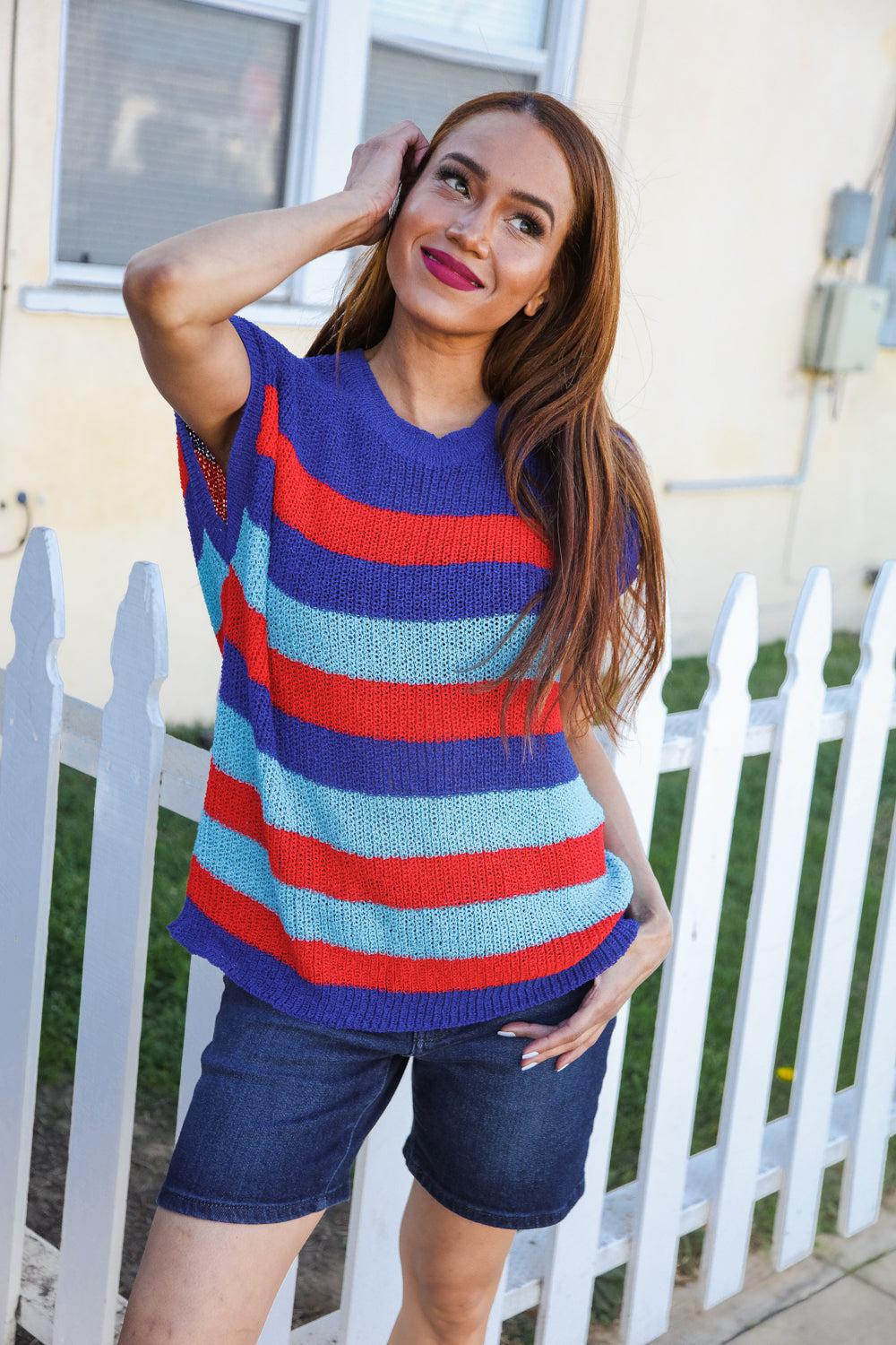 Forget Me Not Royal Blue Stripe Short Sleeve Dolman Sweater-Evelyns Fashion