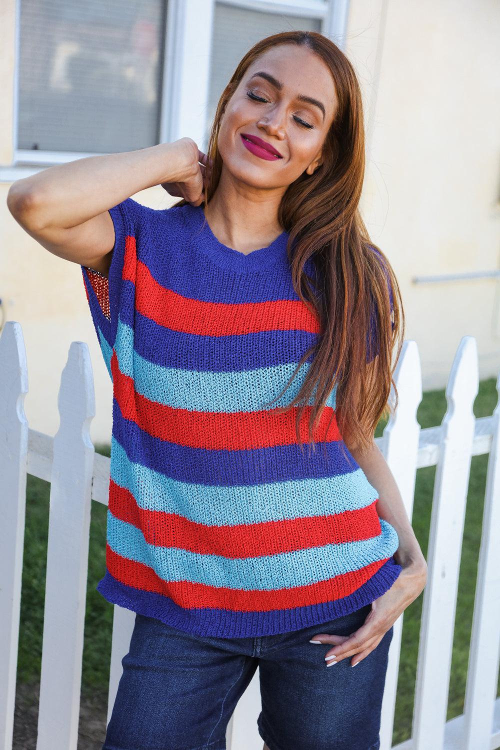 Forget Me Not Royal Blue Stripe Short Sleeve Dolman Sweater-Evelyns Fashion