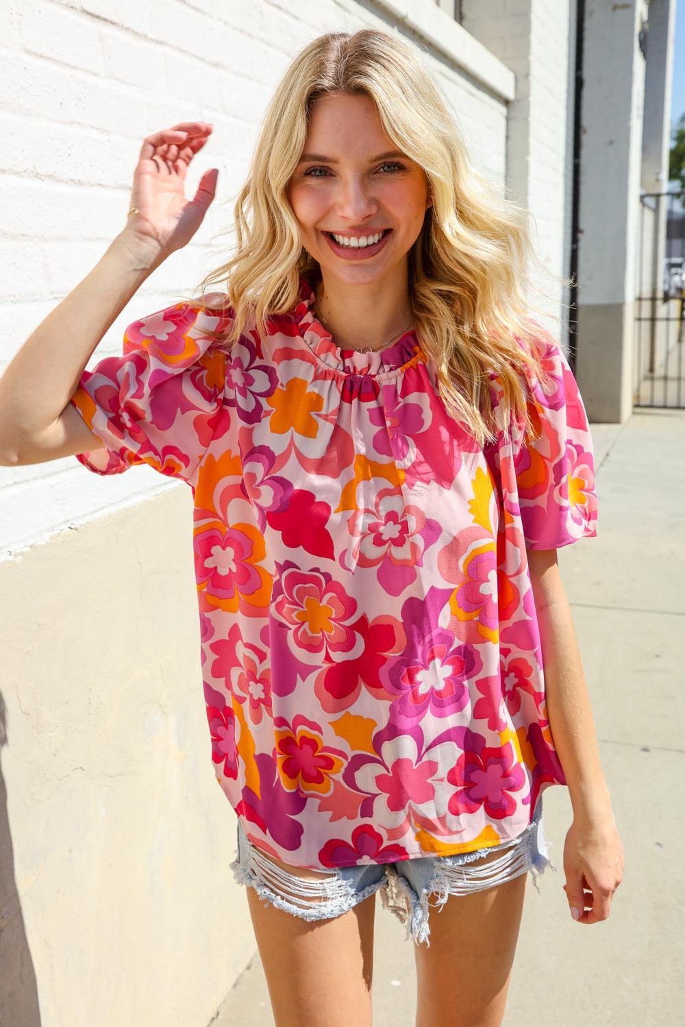 Fuchsia Big Floral Blouse-Blouses-Evelyns Fashion