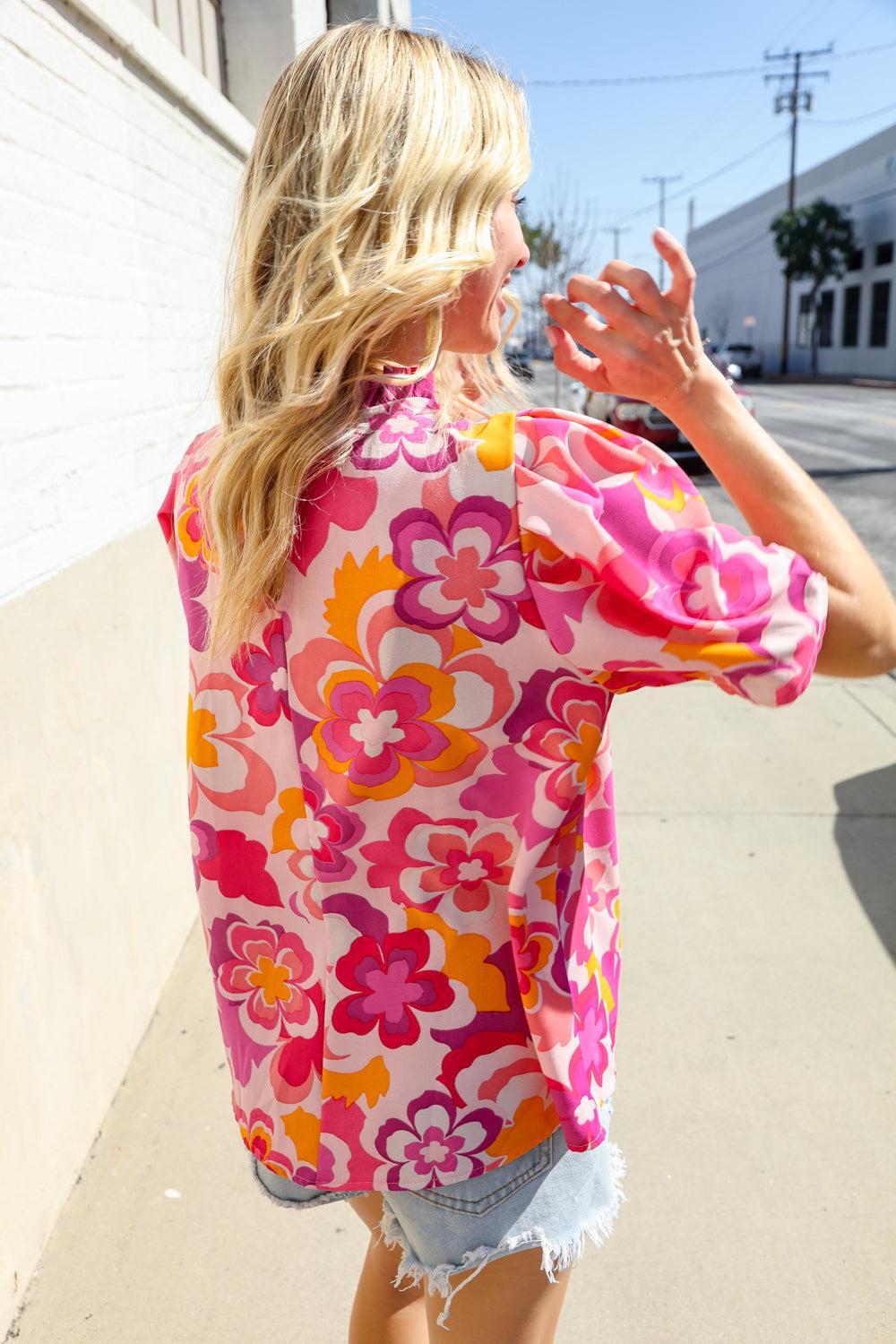 Fuchsia Big Floral Blouse-Blouses-Evelyns Fashion