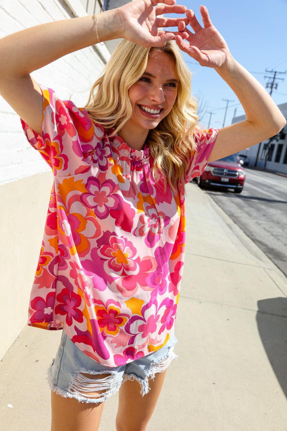 Fuchsia Big Floral Blouse-Blouses-Evelyns Fashion