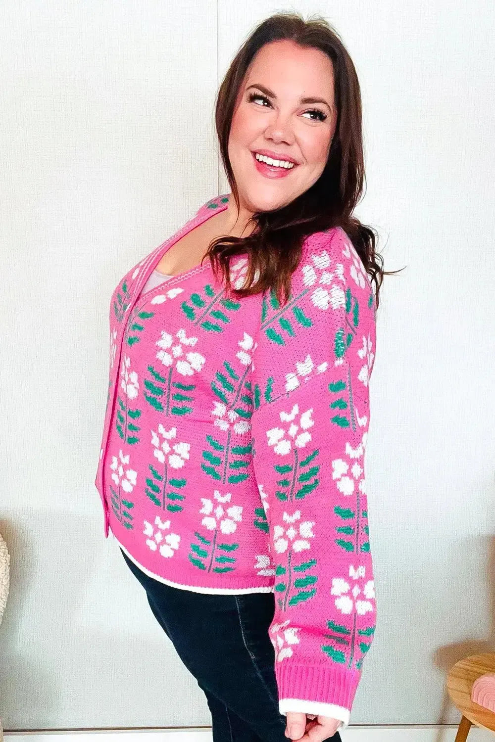 Fuchsia Flower Print Knit Cardigan-Evelyns Fashion