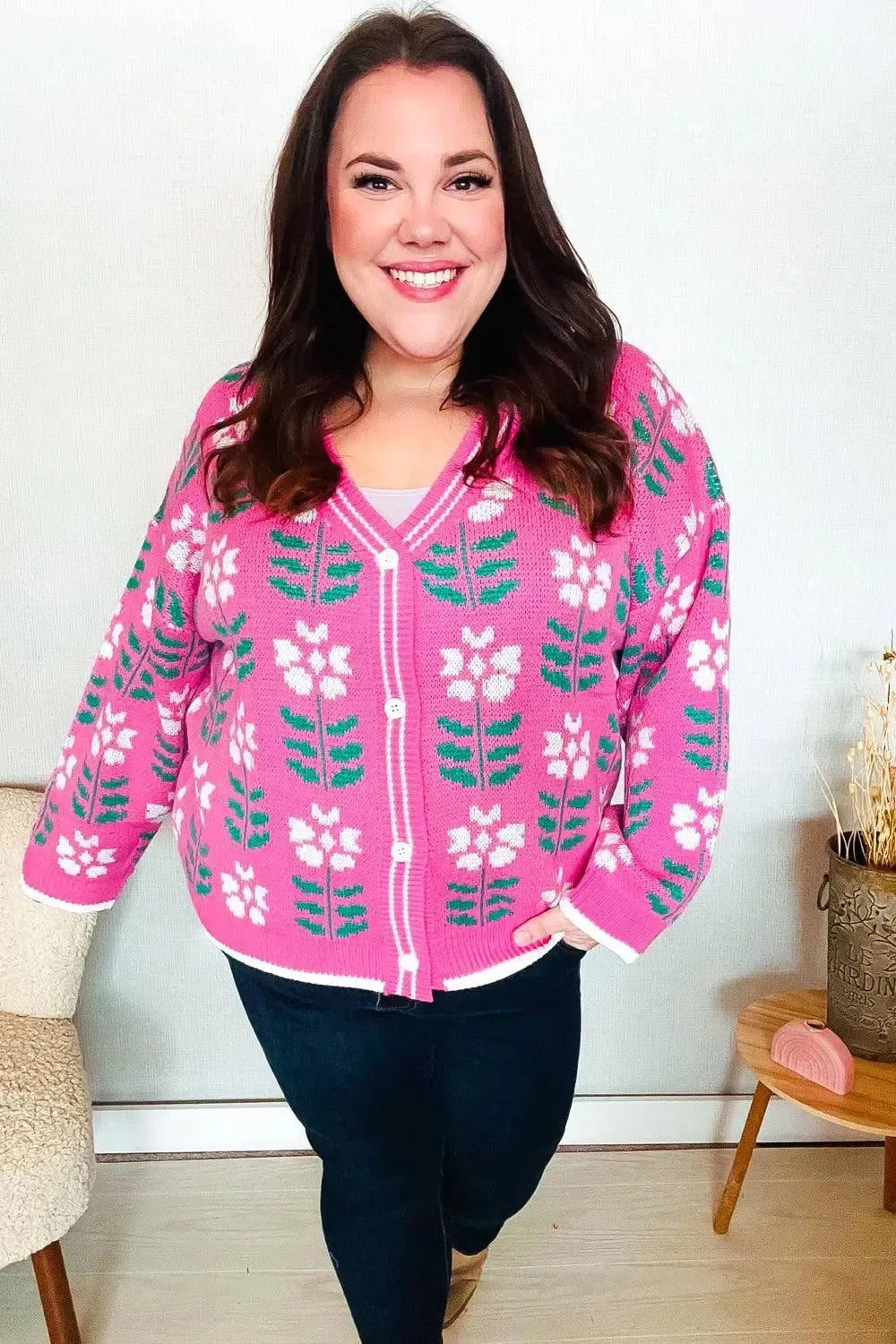 Fuchsia Flower Print Knit Cardigan-Evelyns Fashion