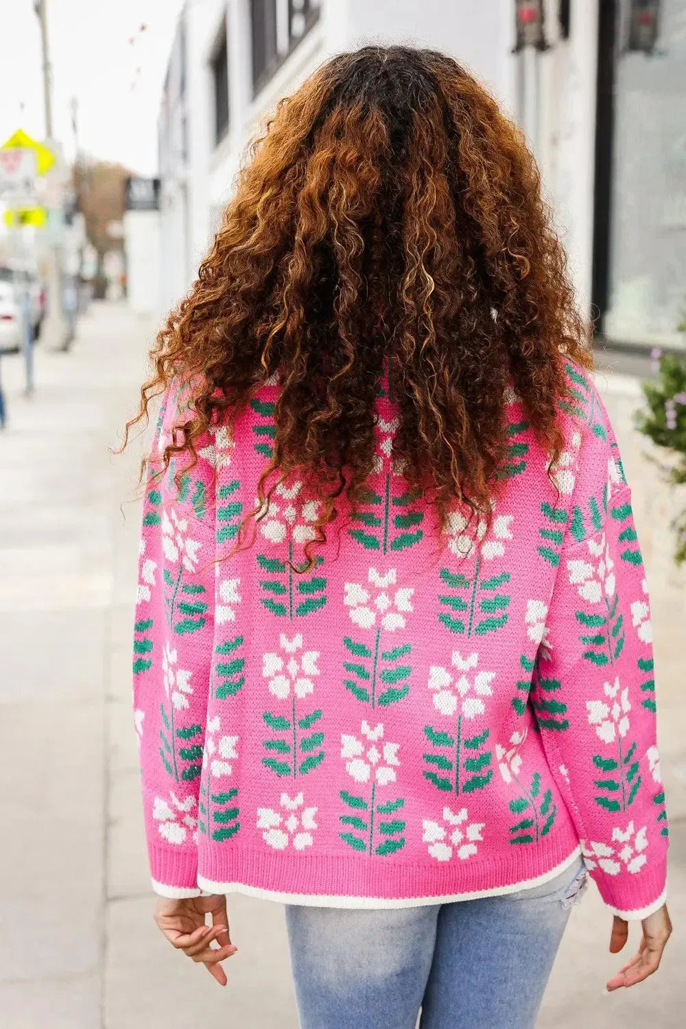 Fuchsia Flower Print Knit Cardigan-Evelyns Fashion