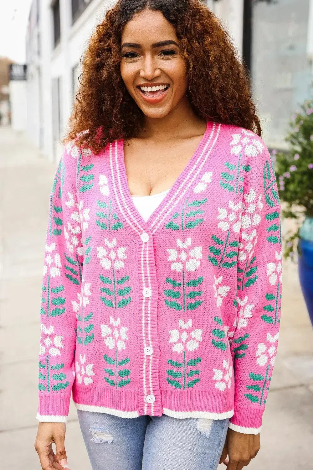 Fuchsia Flower Print Knit Cardigan-Evelyns Fashion