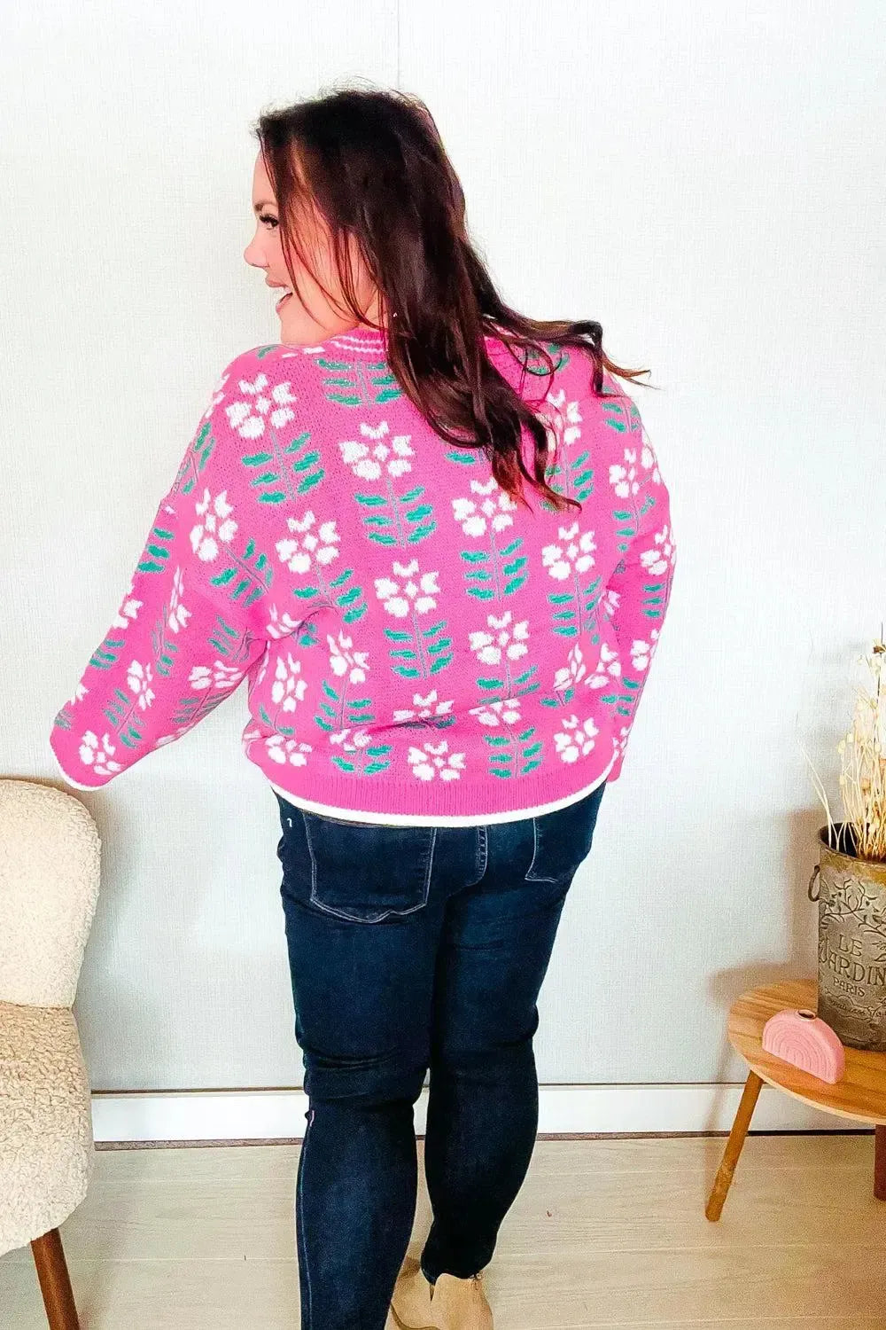 Fuchsia Flower Print Knit Cardigan-Evelyns Fashion