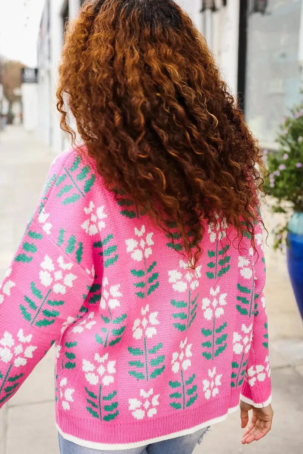 Fuchsia Flower Print Knit Cardigan-Evelyns Fashion