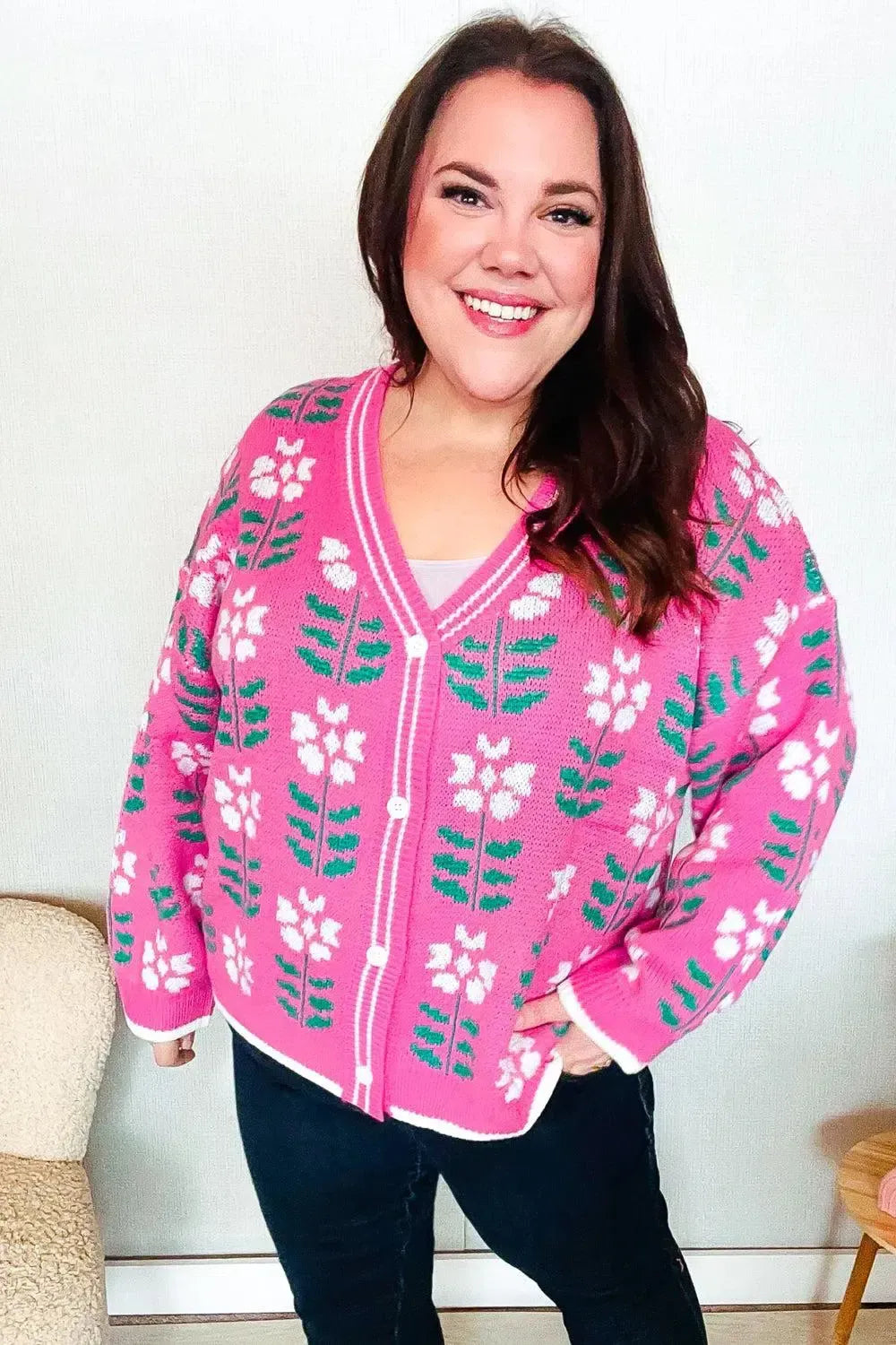Fuchsia Flower Print Knit Cardigan-Evelyns Fashion