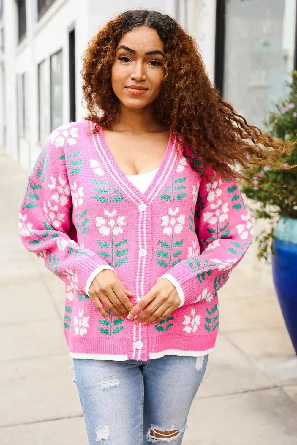 Fuchsia Flower Print Knit Cardigan-Evelyns Fashion
