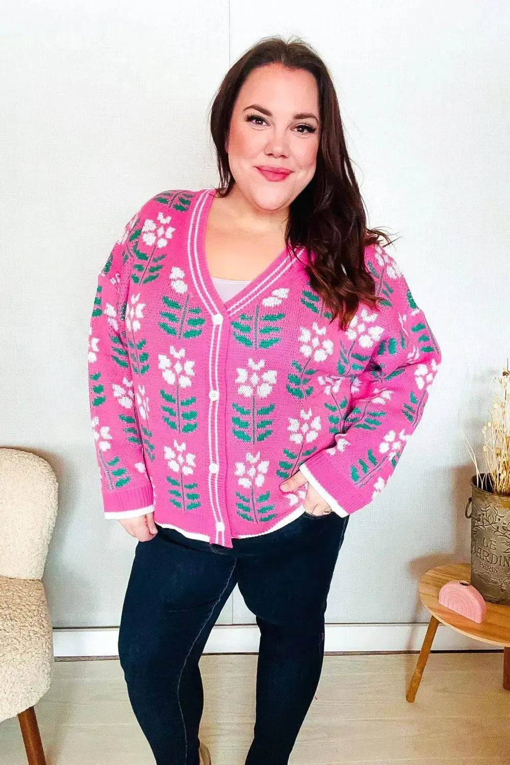 Fuchsia Flower Print Knit Cardigan-Evelyns Fashion
