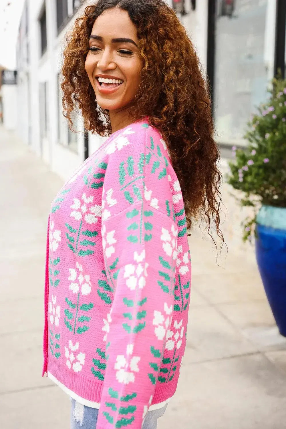 Fuchsia Flower Print Knit Cardigan-Evelyns Fashion
