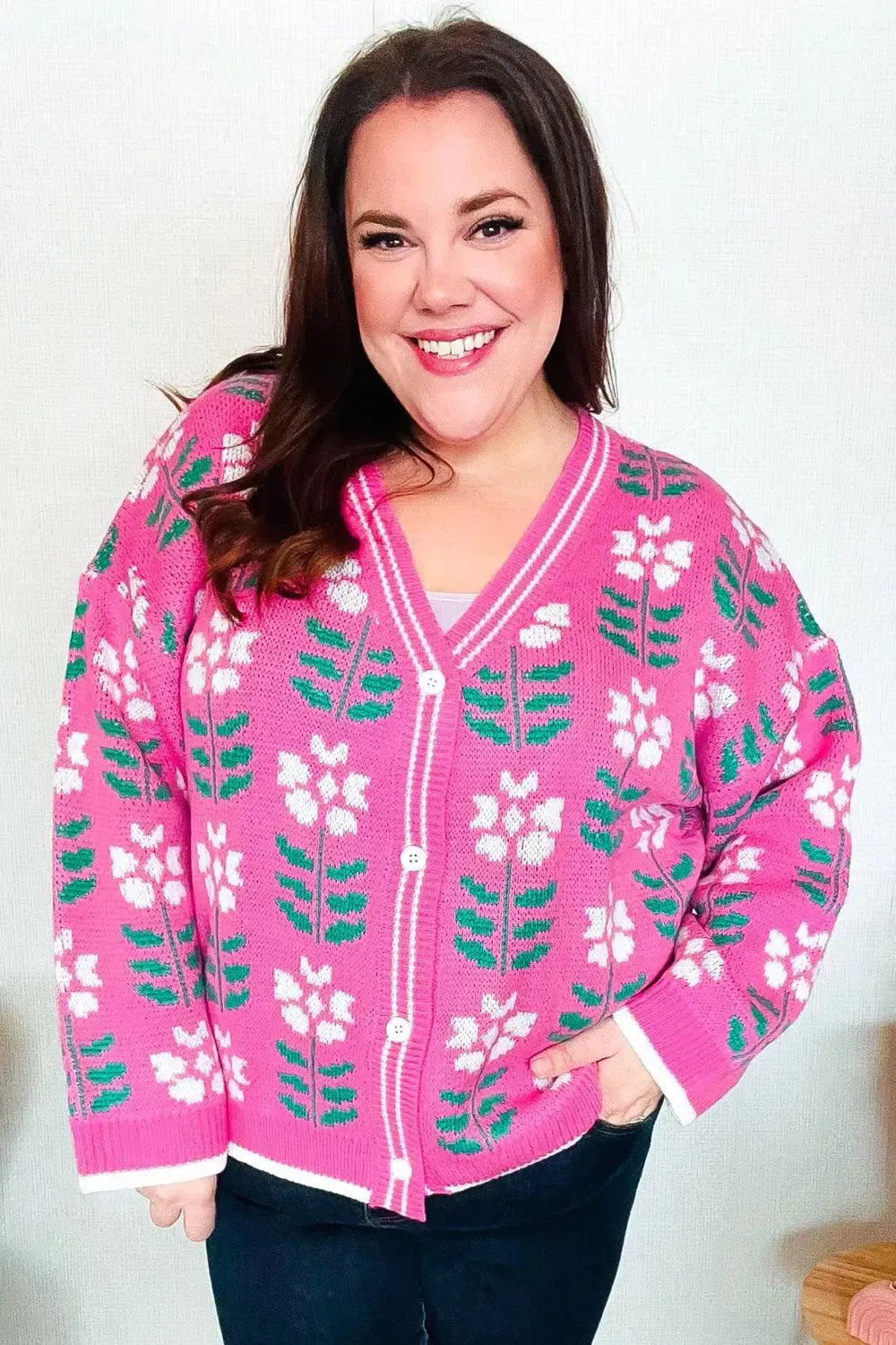 Fuchsia Flower Print Knit Cardigan-Evelyns Fashion