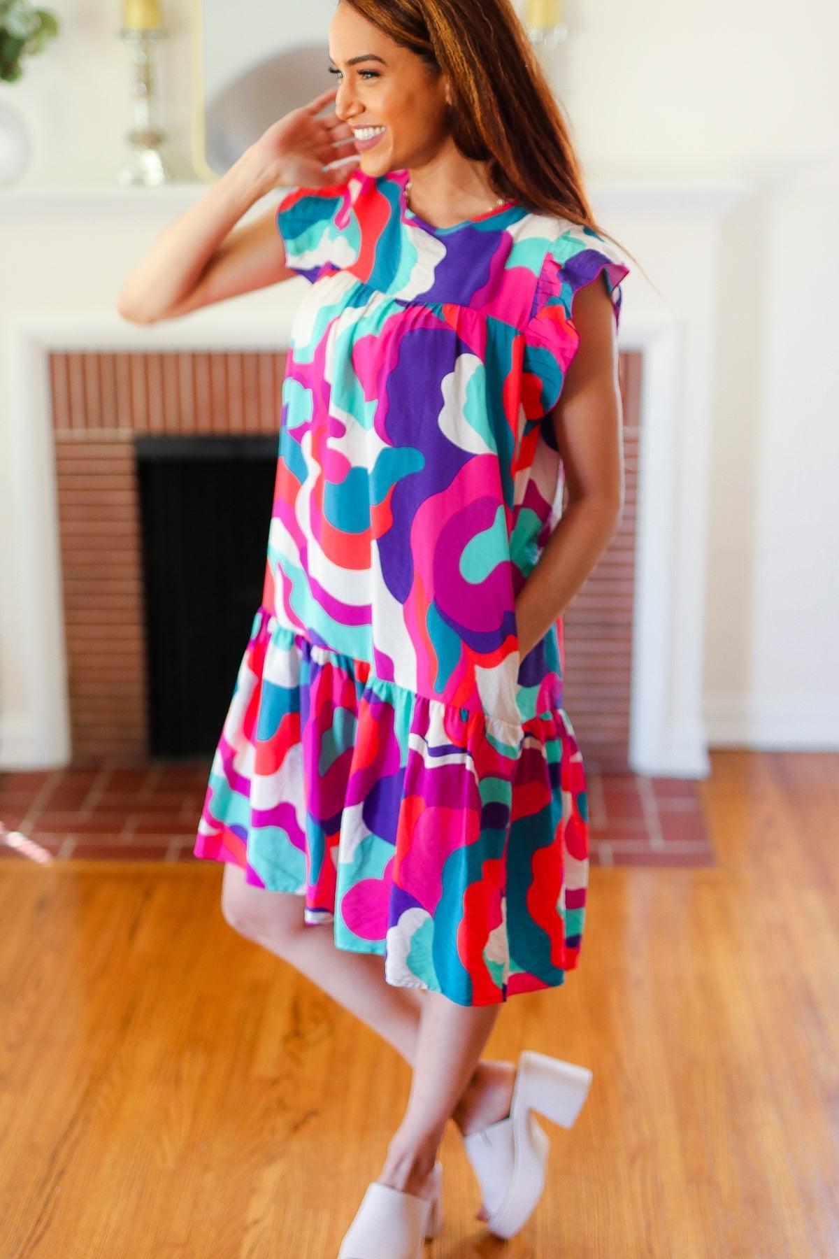 Fuchsia Geo Print Dress-Rompers-Evelyns Fashion