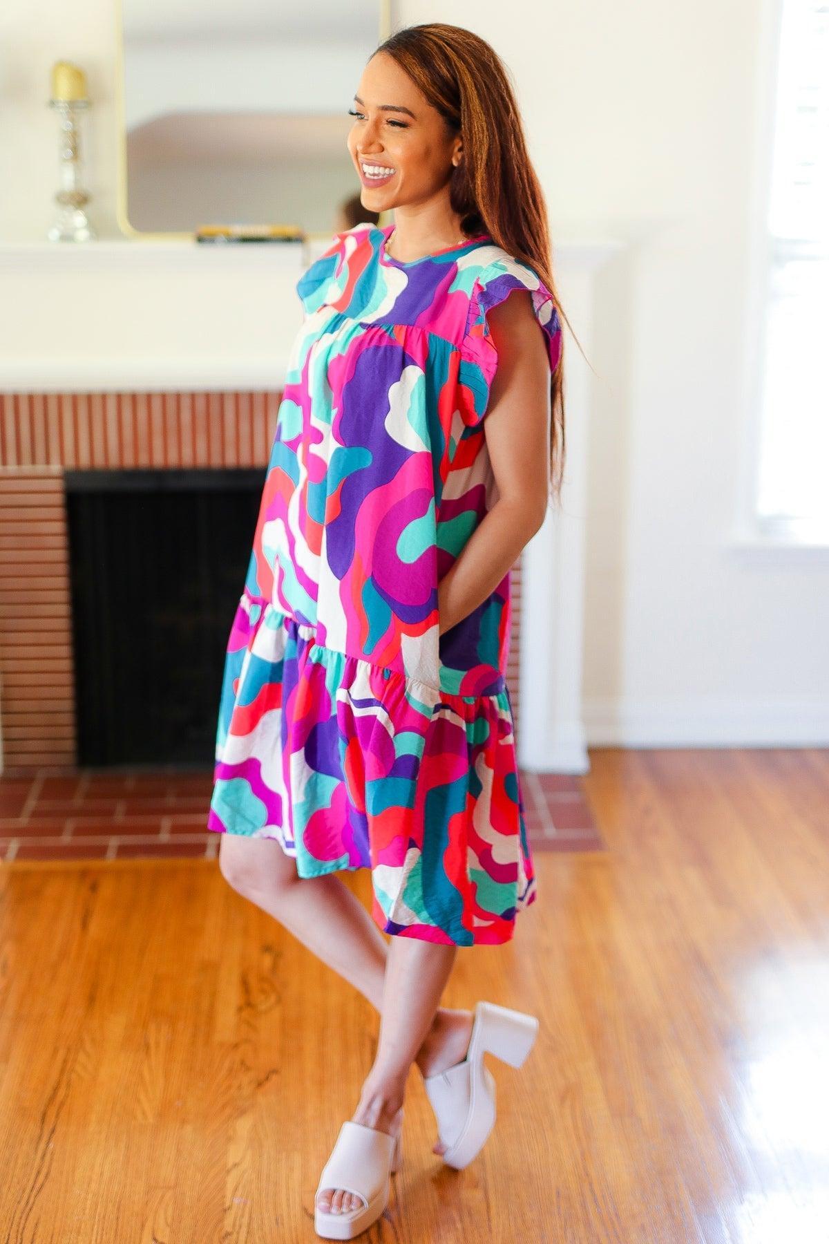Fuchsia Geo Print Dress-Rompers-Evelyns Fashion