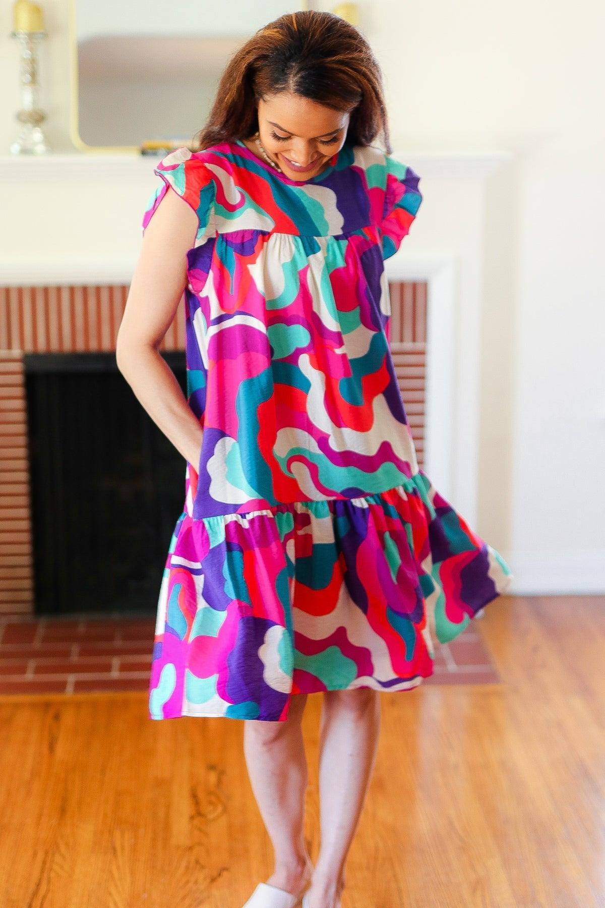 Fuchsia Geo Print Dress-Rompers-Evelyns Fashion