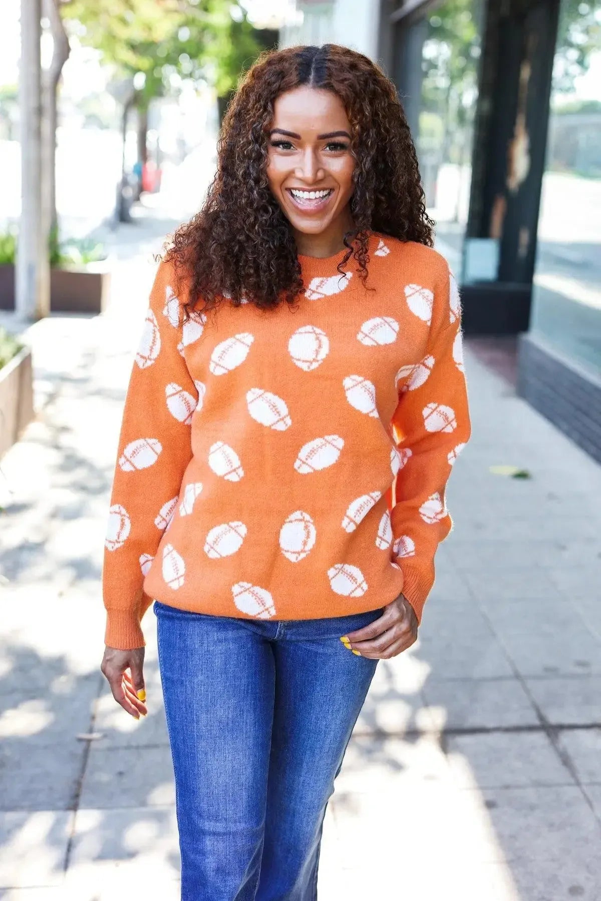 Game Day Orange Football Print Jacquard Knit Sweater-Evelyns Fashion