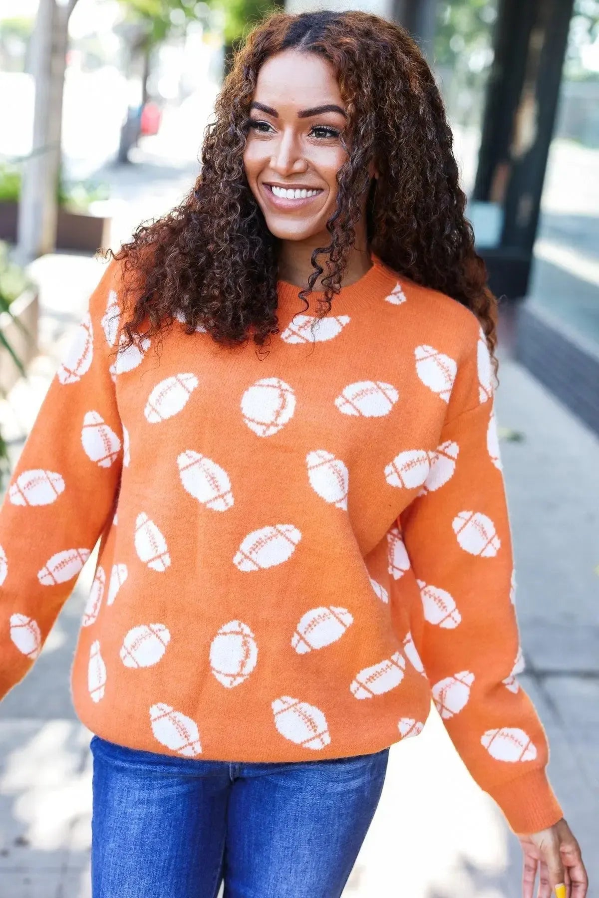 Game Day Orange Football Print Jacquard Knit Sweater-Evelyns Fashion