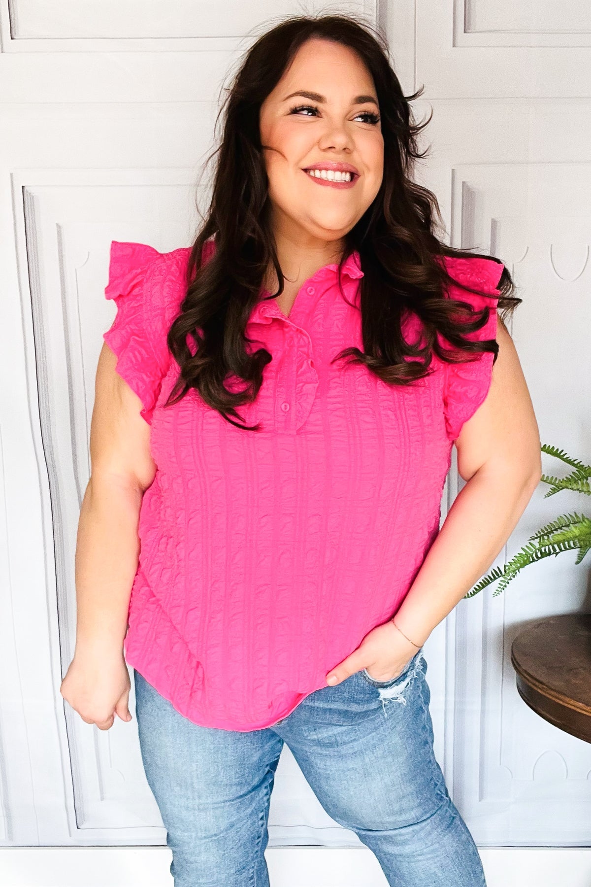 Glamorous In Hot Pink Textured Ruffle Mock Neck Top-Evelyns Fashion