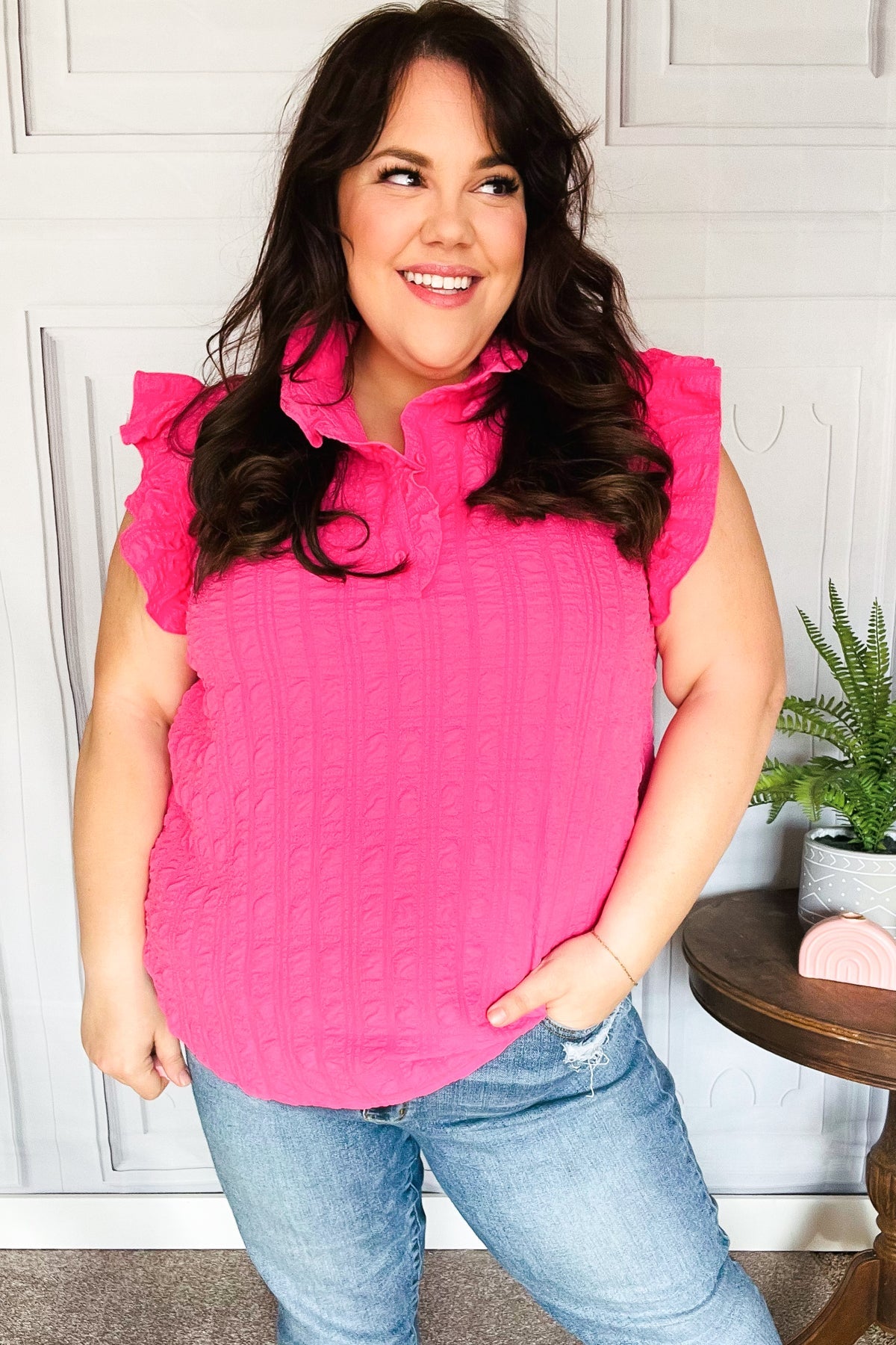 Glamorous In Hot Pink Textured Ruffle Mock Neck Top-Evelyns Fashion