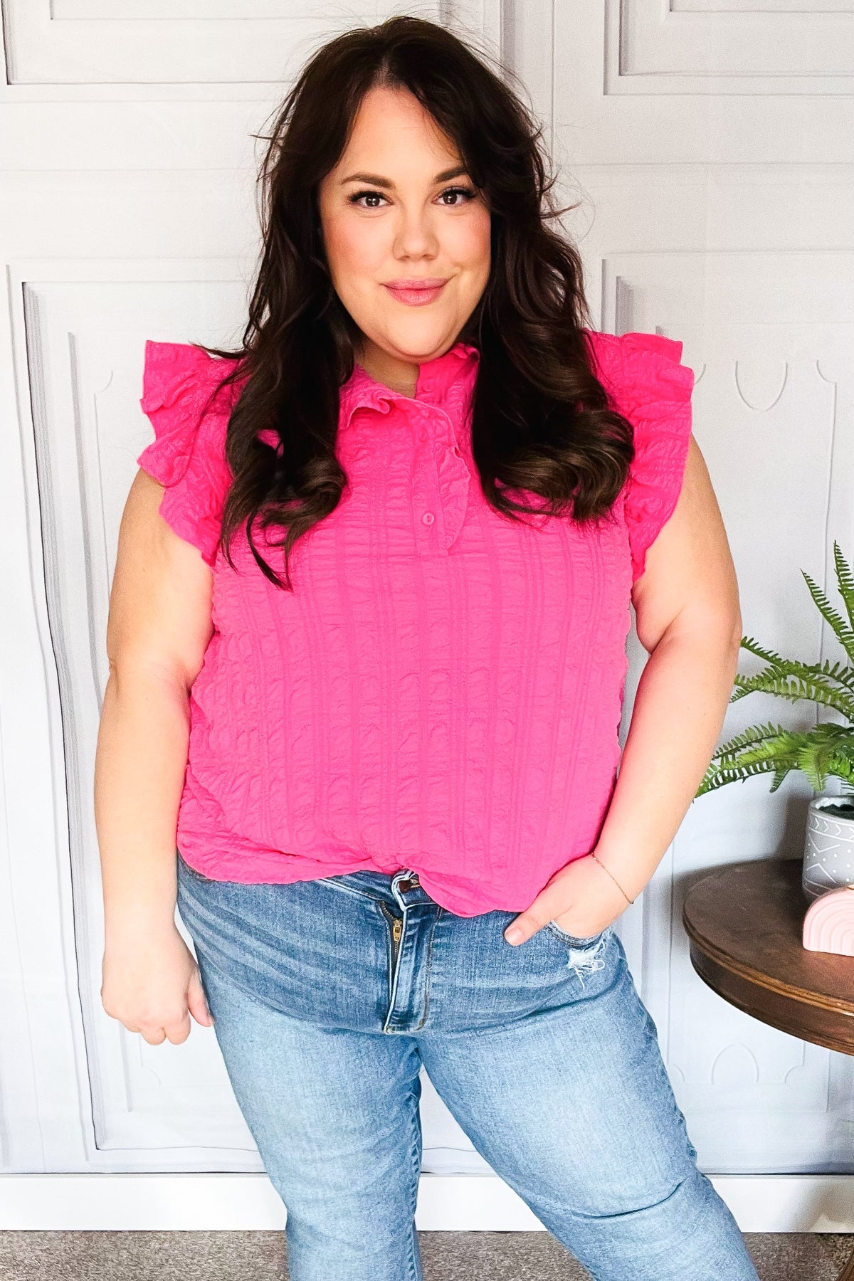 Glamorous In Hot Pink Textured Ruffle Mock Neck Top-Evelyns Fashion