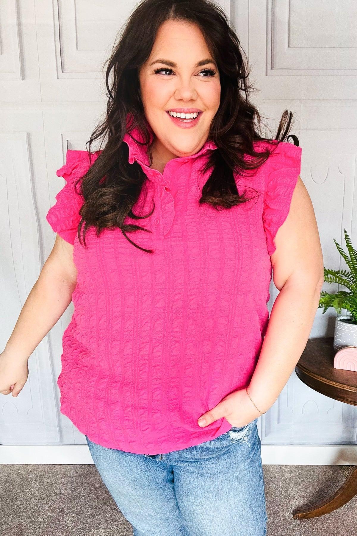 Glamorous In Hot Pink Textured Ruffle Mock Neck Top-Evelyns Fashion