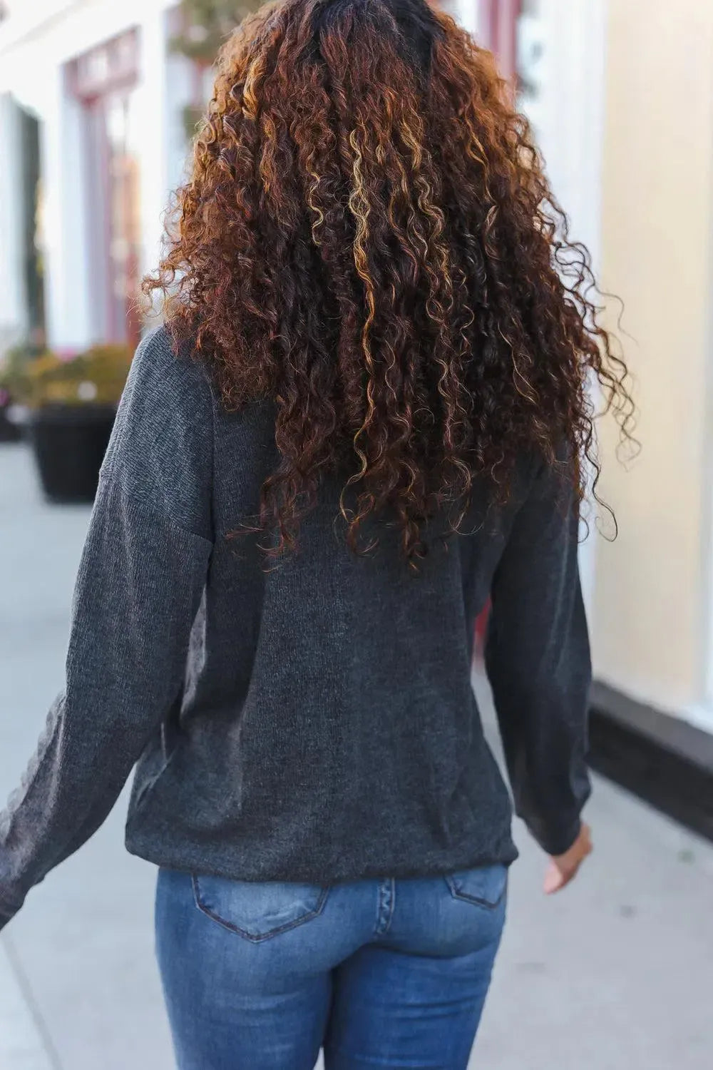 Grey Ribbed Knit Henley Pullover-Evelyns Fashion