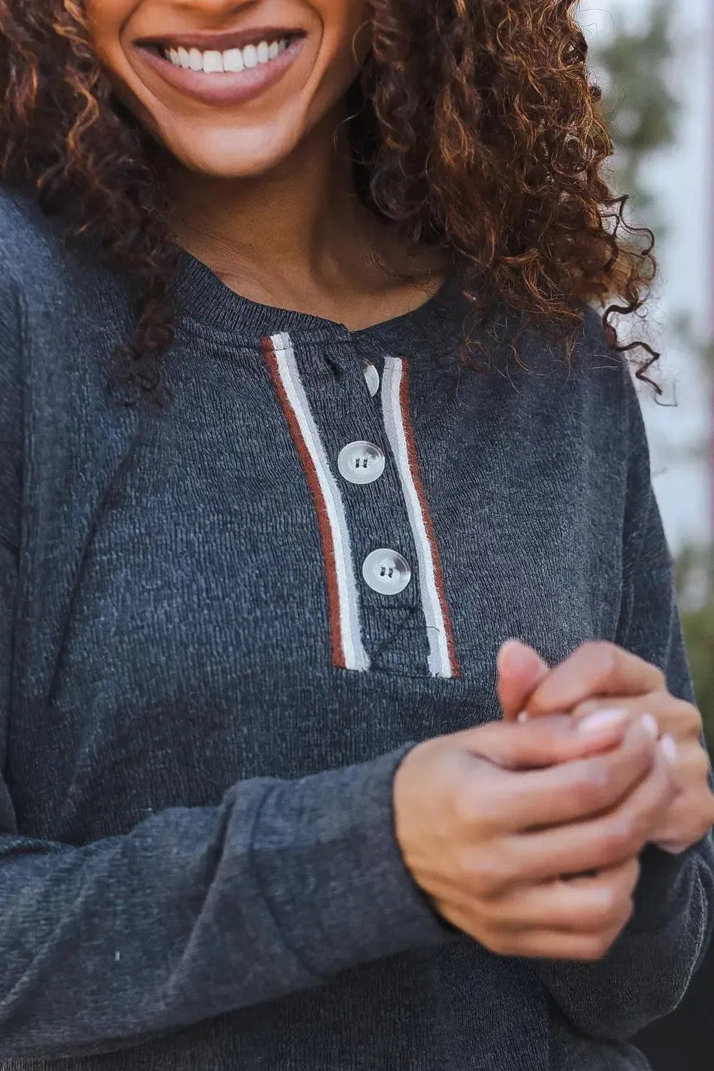Grey Ribbed Knit Henley Pullover-Evelyns Fashion