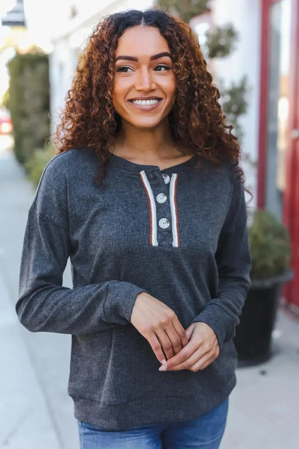 Grey Ribbed Knit Henley Pullover-Evelyns Fashion