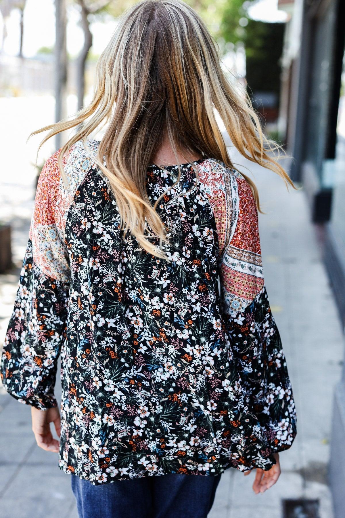 Haptics Boho Floral Ethnic Print Front Tie Woven Blouse-Short Sleeve Blouse-Evelyns Fashion
