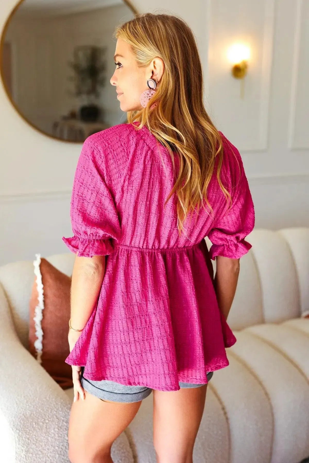 Haptics Feeling Strong Textured V Neck Babydoll Top-Evelyns Fashion