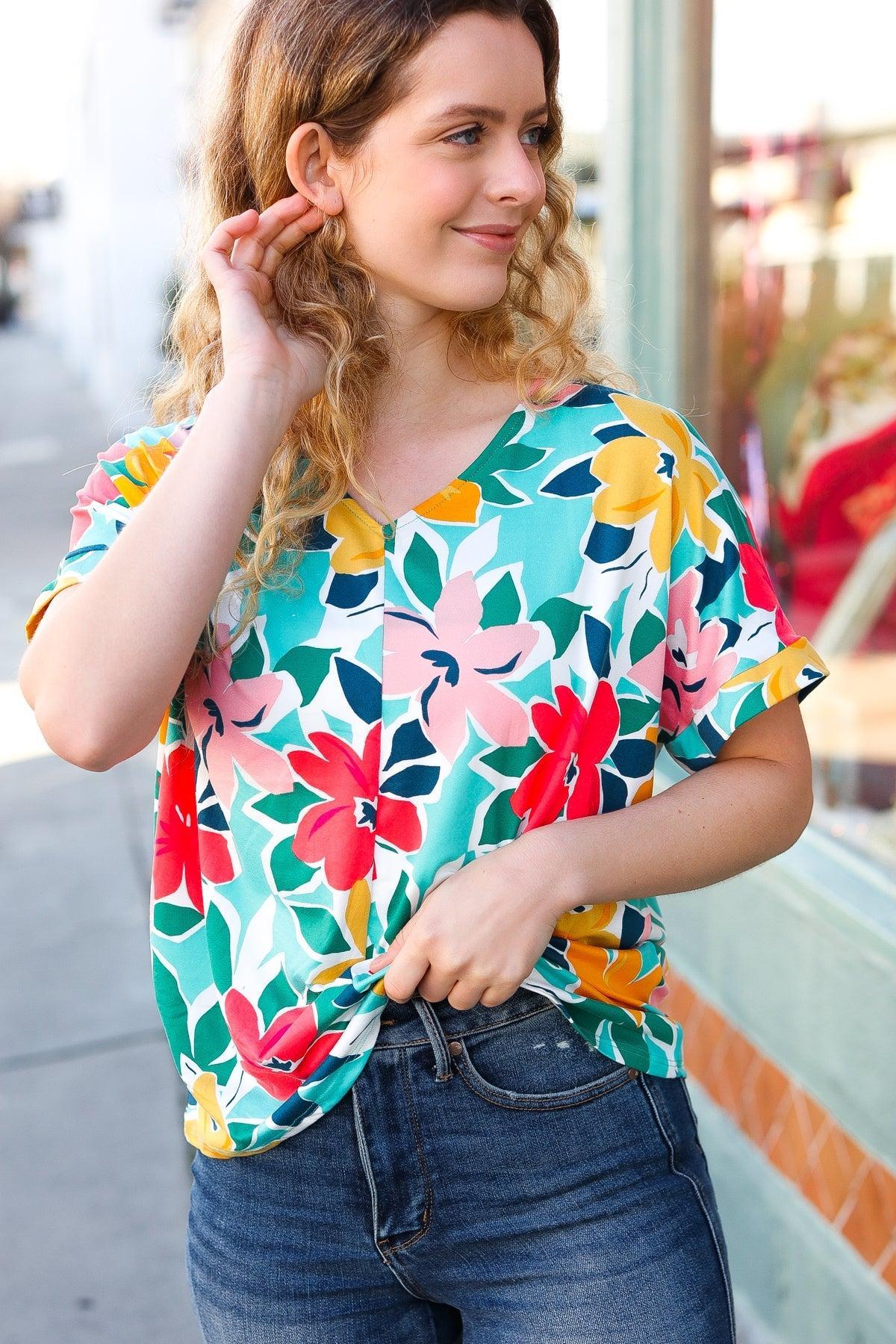 Haptics Flat Floral V Neck Top-Short Sleeve Blouse-Evelyns Fashion