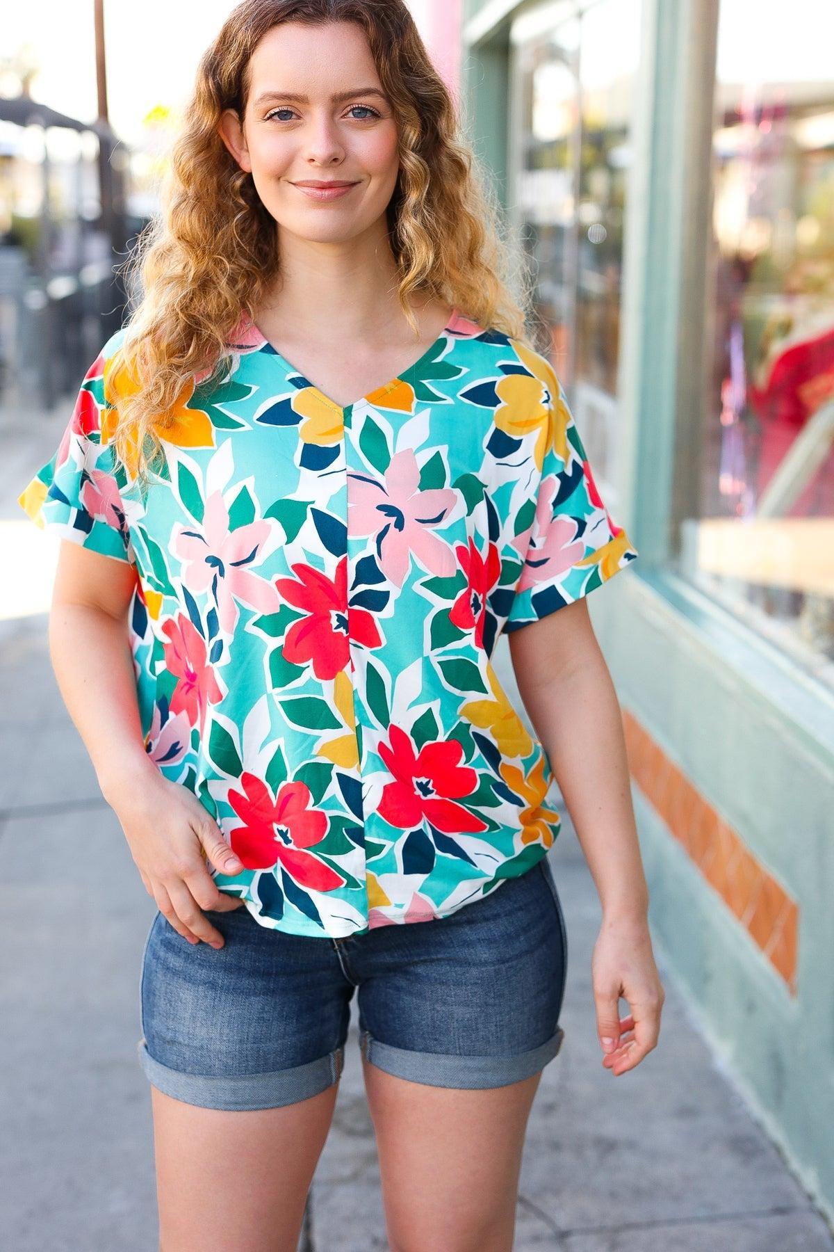 Haptics Flat Floral V Neck Top-Short Sleeve Blouse-Evelyns Fashion